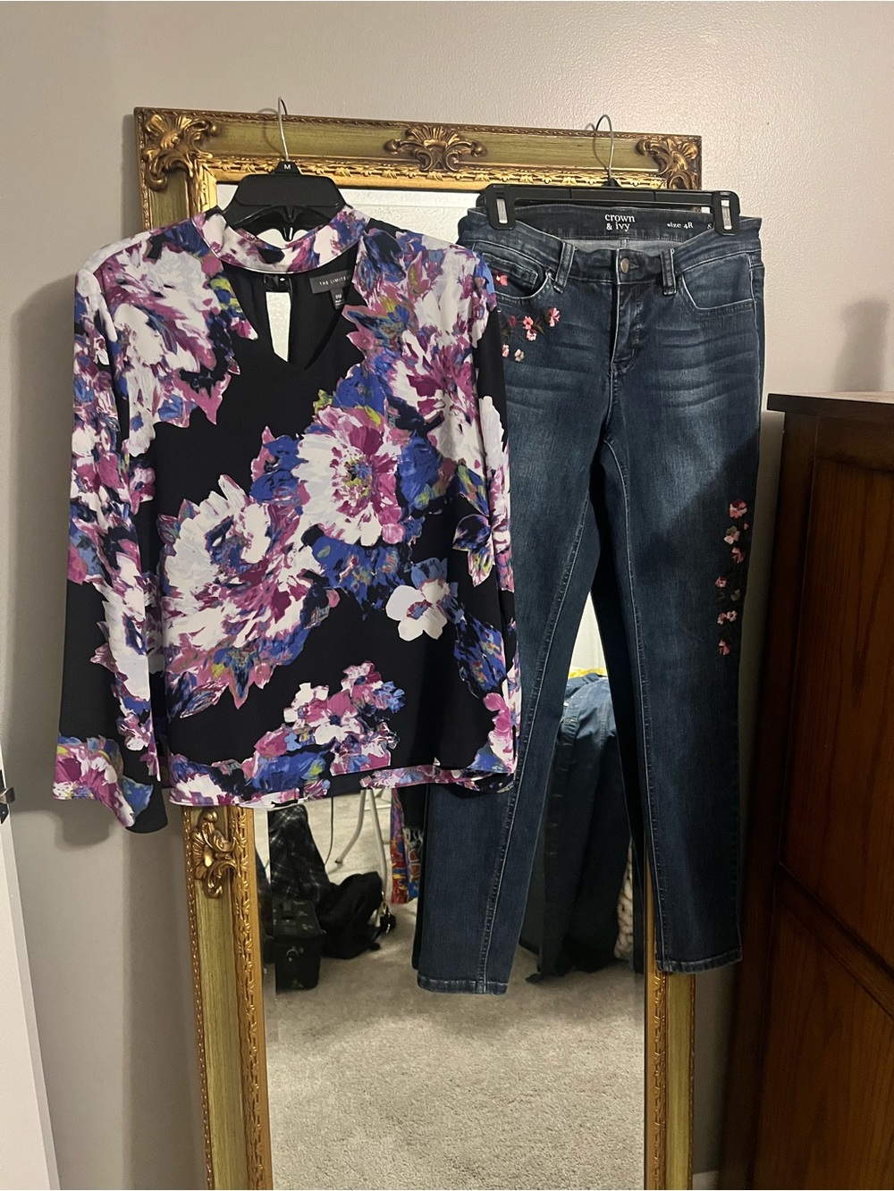 The Limited Black Floral Blouse with Purple & Blue Accents with matching jeans